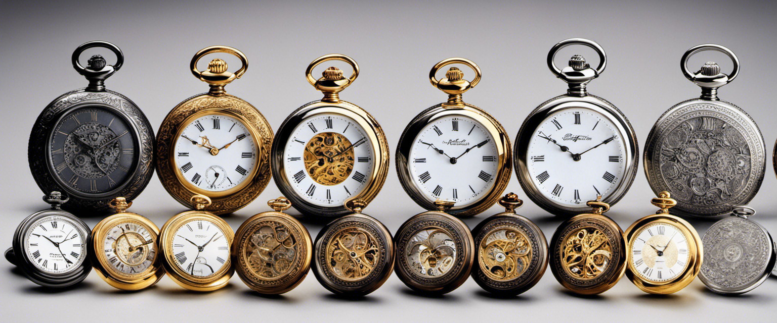 An image showcasing an array of intricately designed pocket watches, displaying various styles like open-face, hunter-case, and double-hunter, with ornate engravings, delicate filigree work, and elegant Roman numeral dials