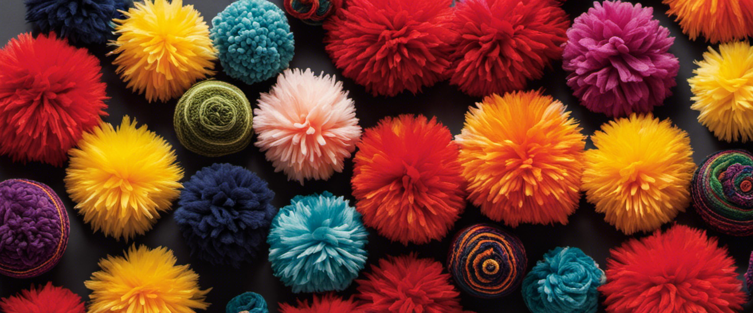 An image showcasing a vibrant assortment of intricately crafted pom-poms: fluffy spheres in various sizes, adorned with unique patterns and textures, offering a whimsical display of useless knowledge about the art of pom-pom making