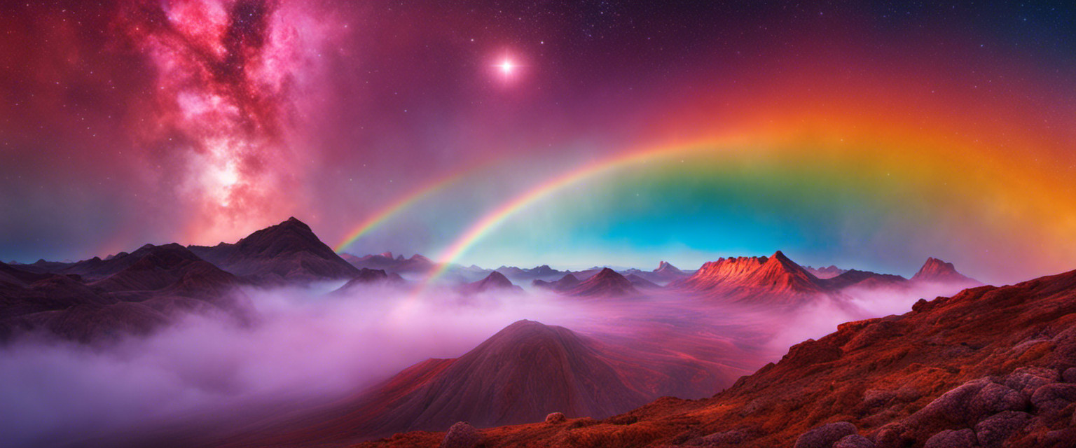 An image showcasing a surreal extraterrestrial landscape with vibrant, alien rainbows stretching across alien skies