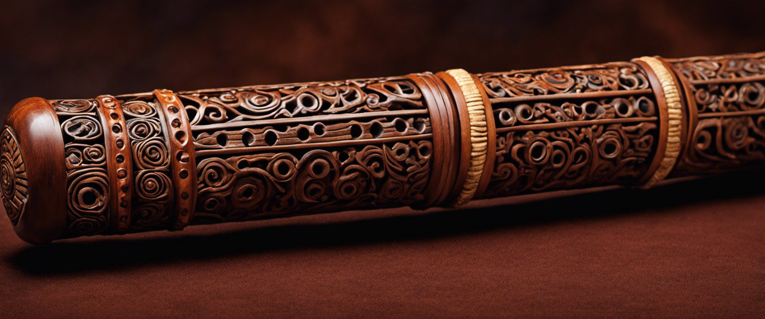 An image featuring a close-up view of a weathered rainstick, showcasing its intricate carvings and rich earthy colors