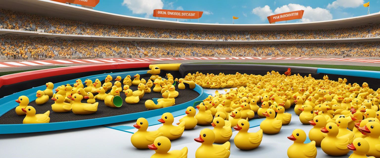 An image featuring a whimsical rubber duck racing track, complete with vibrant yellow ducks sporting different accessories like tiny helmets and goggles