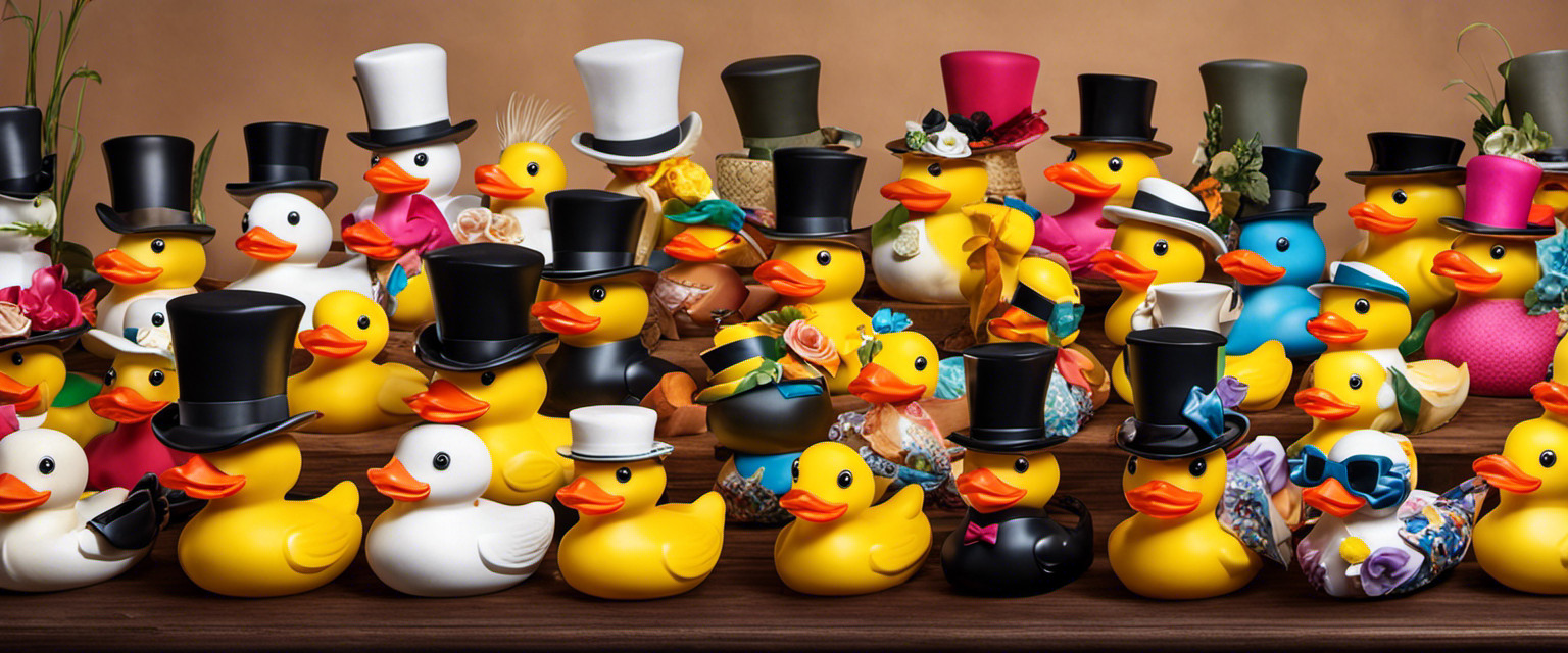 An image showcasing a vibrant collection of quirky rubber ducks, each adorned with bizarre accessories like top hats, monocles, and bow ties