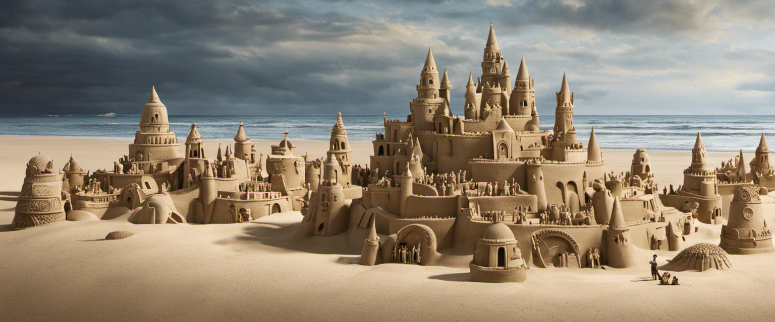 An image capturing a deserted beach scene, with meticulously crafted sandcastles towering in the foreground