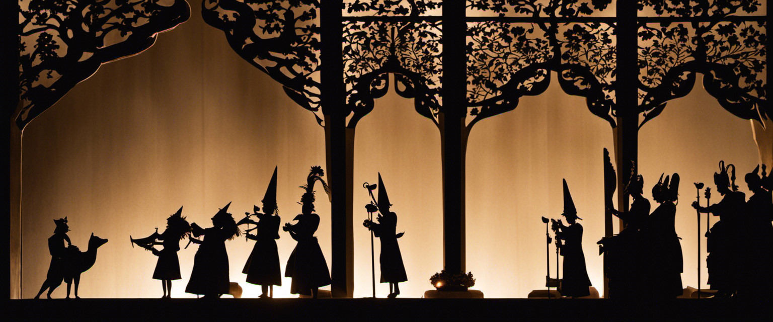 An image capturing the intricate play of shadows on a dimly lit stage, as deft hands manipulate delicate shadow puppets