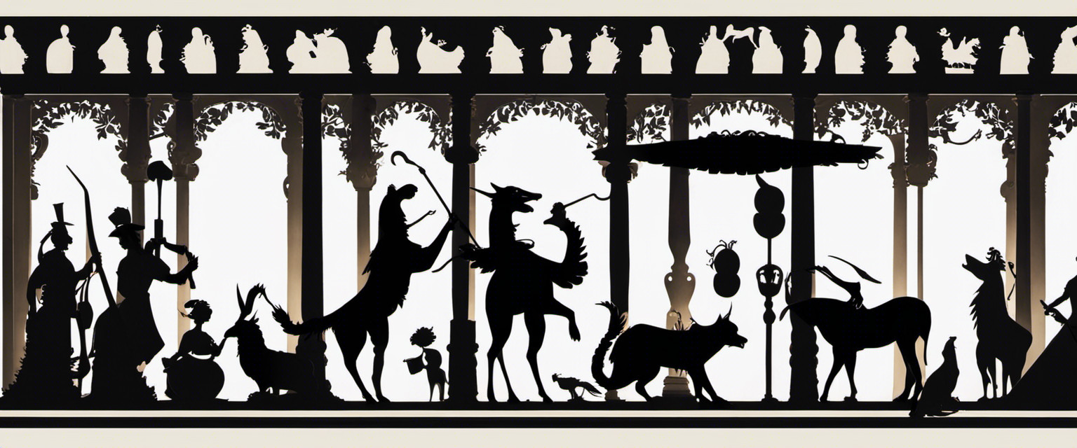 An image showcasing an intricate arrangement of shadow puppets on a stage, with various animals and objects in exaggerated poses, highlighting the absurdity and uselessness of the knowledge gained from mastering this ancient art form