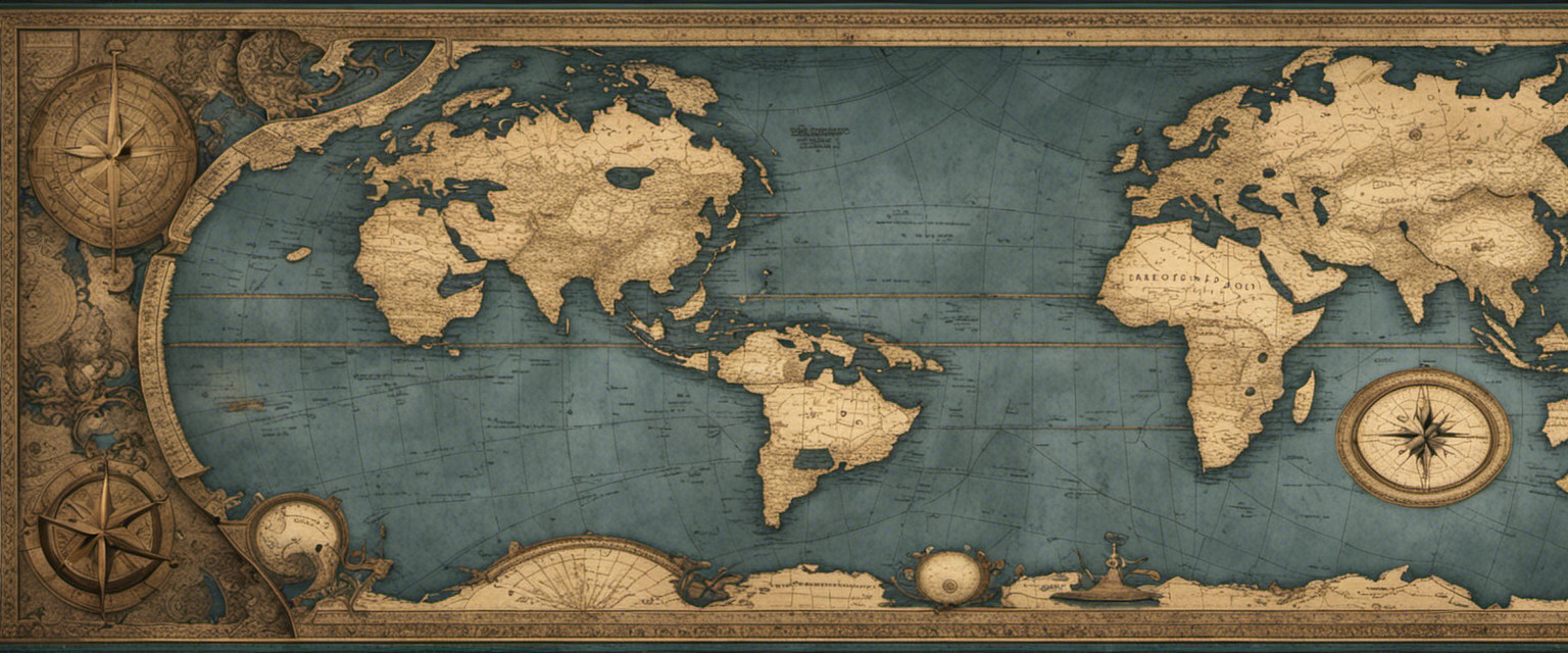 An image of a mysterious, weathered map adorned with intricate compass roses and dotted with tiny, forgotten archipelagos