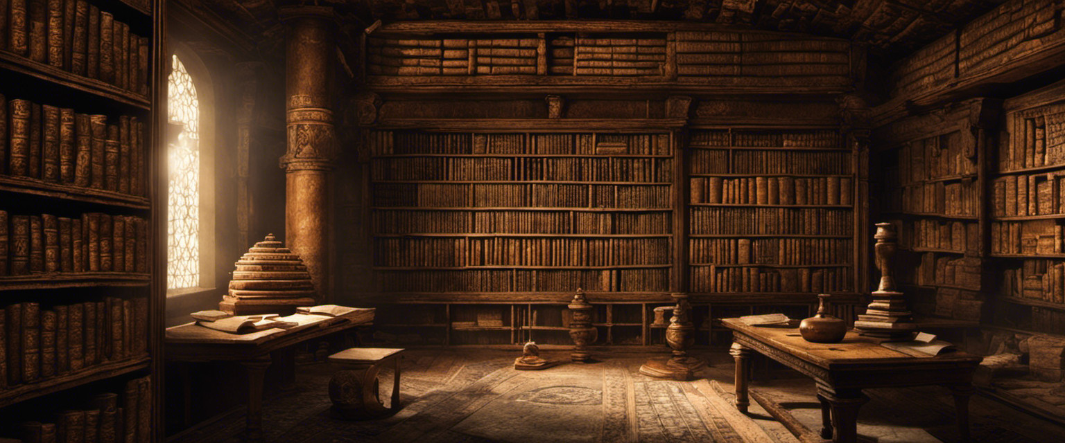 An image showcasing a dimly lit room with shelves stacked with ancient scrolls and crumbling tablets