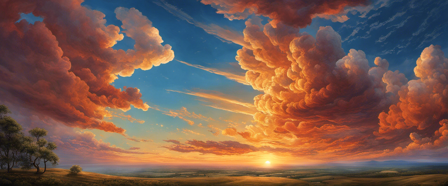 An image showcasing a captivating sunset sky, with billowing cumulus clouds resembling mythical creatures and celestial beings