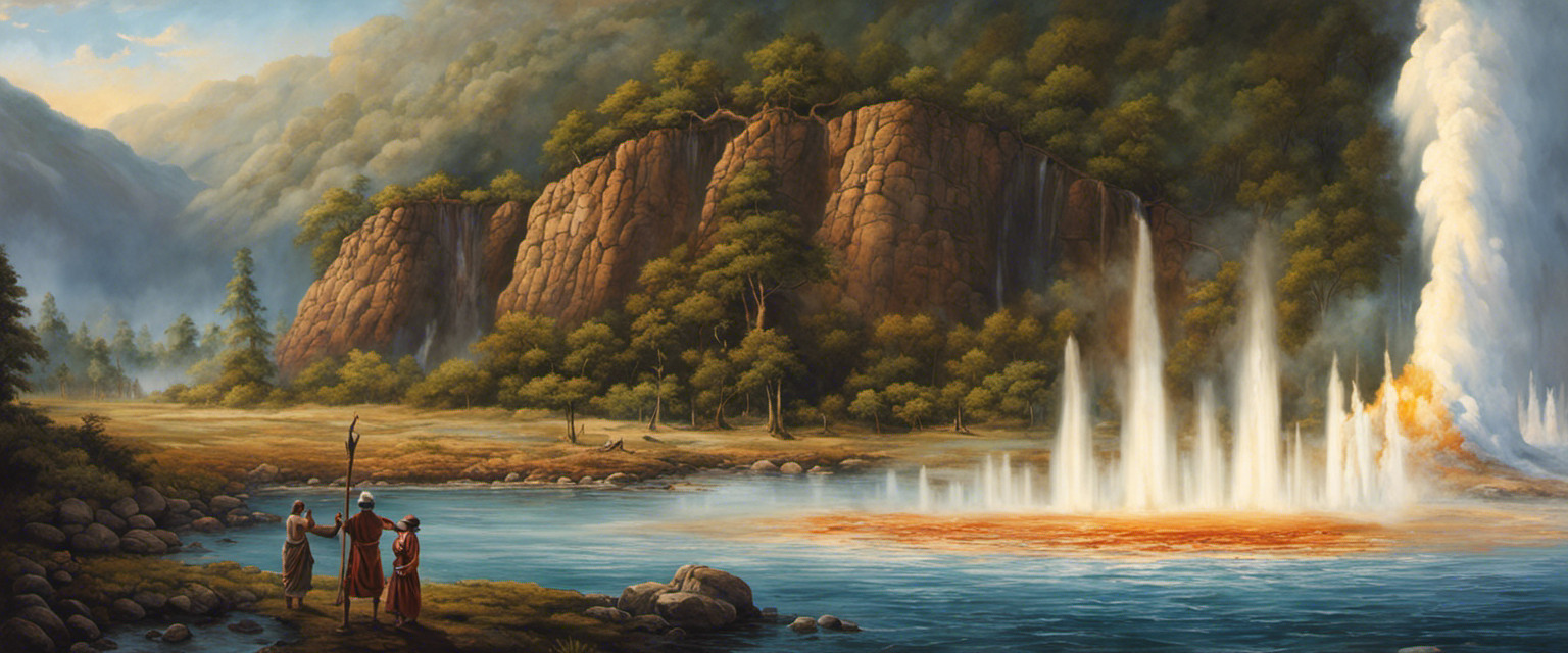 An image that captures the rich tapestry of tribal cultures, depicting a tribal elder standing beside a majestic geyser, its powerful eruption symbolizing the profound spiritual and cultural significance of geysers and hot springs in their ancient traditions