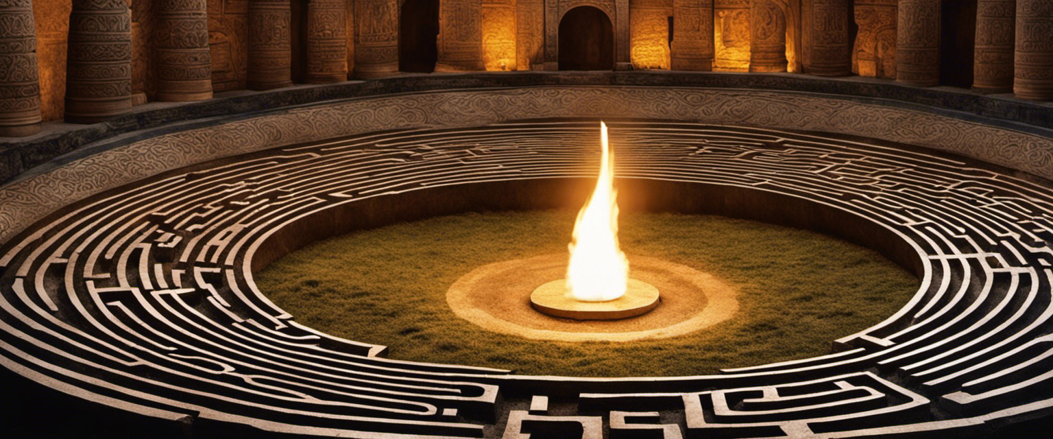 A captivating image depicting an ancient labyrinth at the center of a sacred ritual
