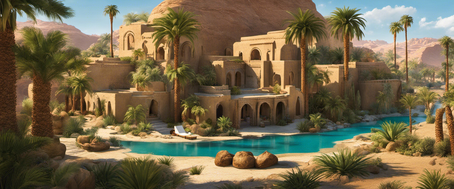 An image that showcases the enchanting allure of an oasis amidst a vast ancient desert; its lush palm trees, sparkling turquoise pools, and a thriving community, representing the hidden significance of these oases in ancient desert cultures