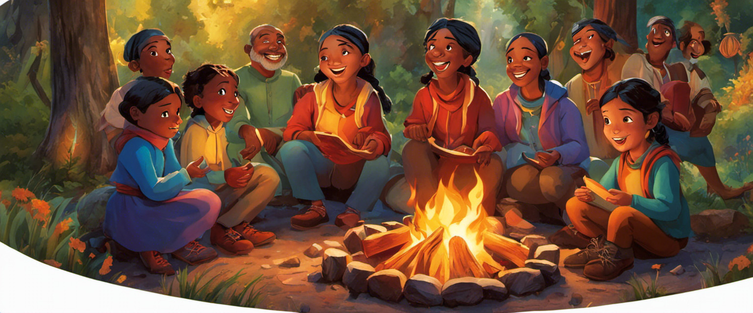 An image that captures the essence of oral storytelling traditions with vibrant colors, depicting a circle of diverse individuals gathered around a flickering campfire, their faces animated with expressions of awe and wonder