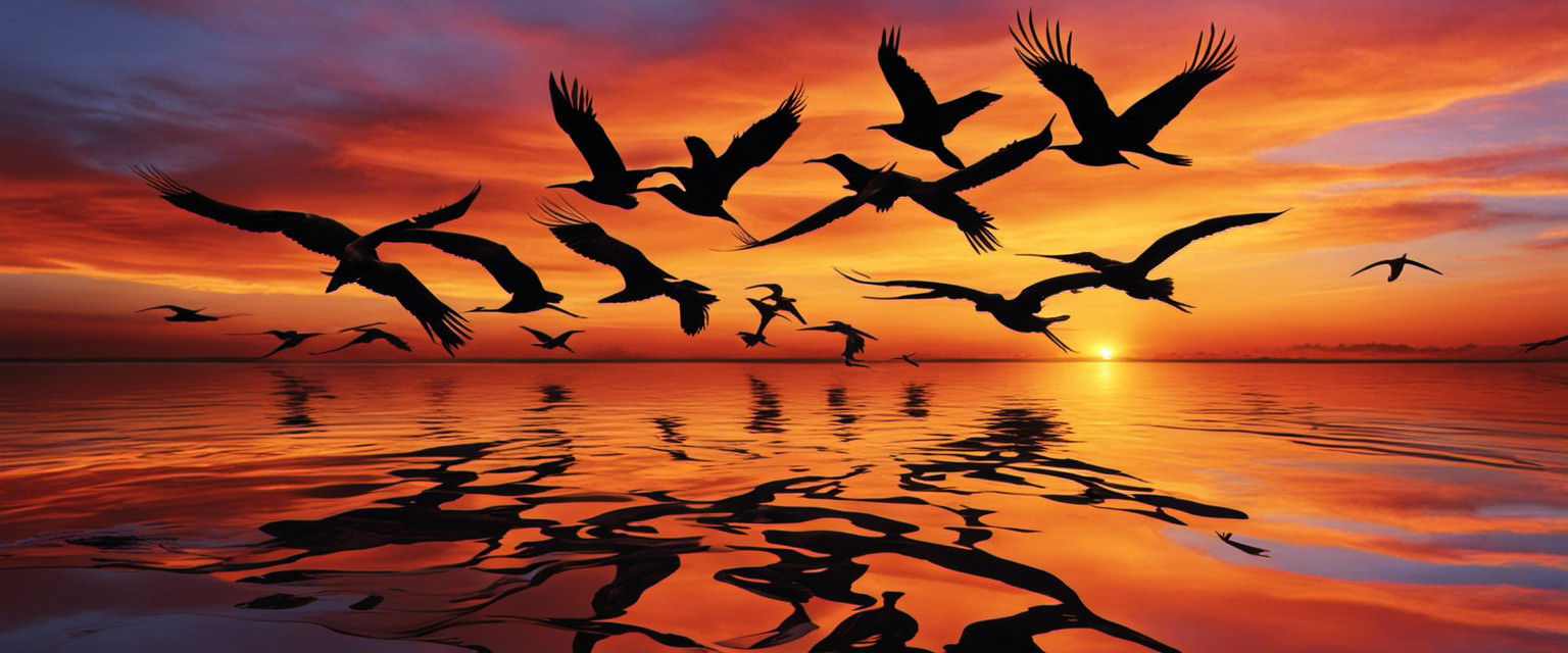 An image capturing the intricate flight patterns of birds, showcasing their mesmerizing synchronized movements against a vivid sunset