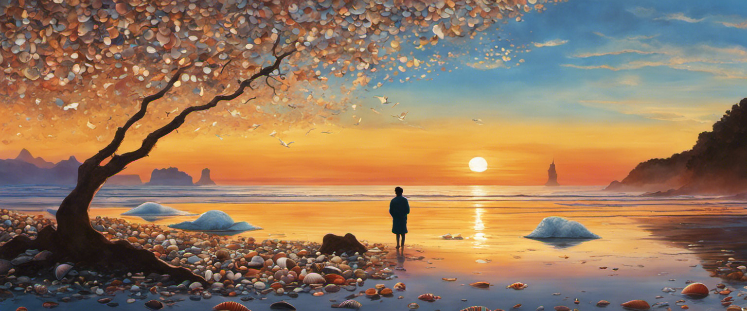 An image showcasing a serene coastal scene at sunrise, with a silhouette of a person engrossed in seashell collecting