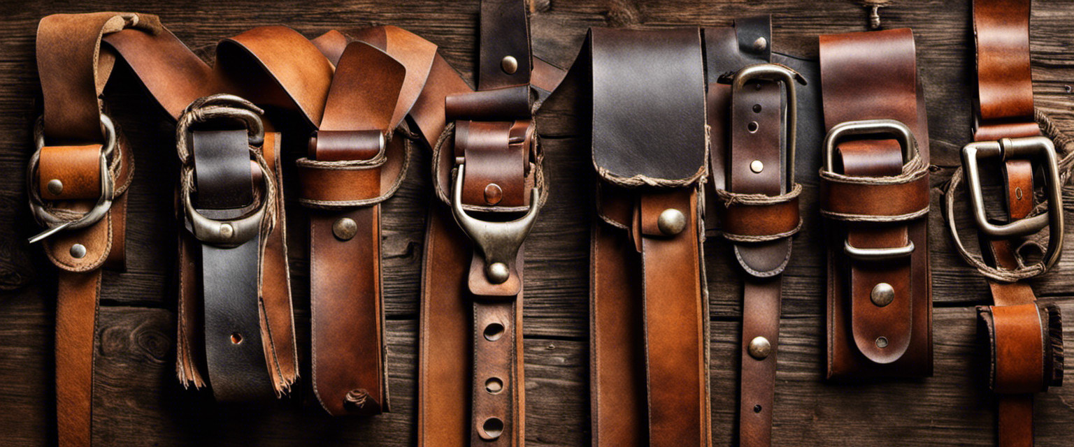 An image showcasing an intricately crafted leather toolbelt hanging from a weathered workbench, surrounded by discarded leather scraps, highlighting the extraordinary artistry and meticulous attention to detail in the often overlooked craft of leatherworking