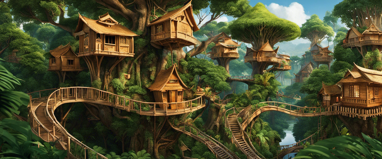 An image depicting a lush forest with various tree houses, each reflecting the unique cultural significance of different societies
