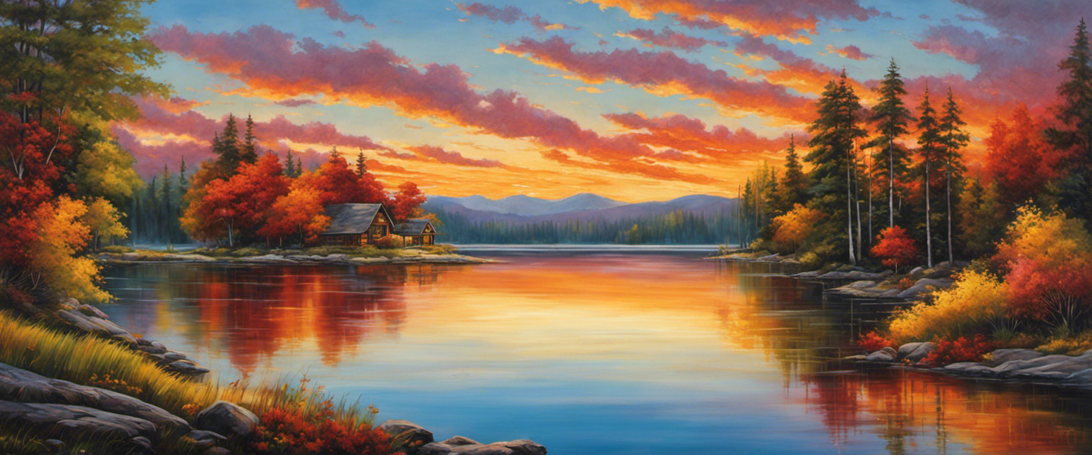 An image depicting a serene lakeside scene, with a vivid sunset casting vibrant hues across the water's surface