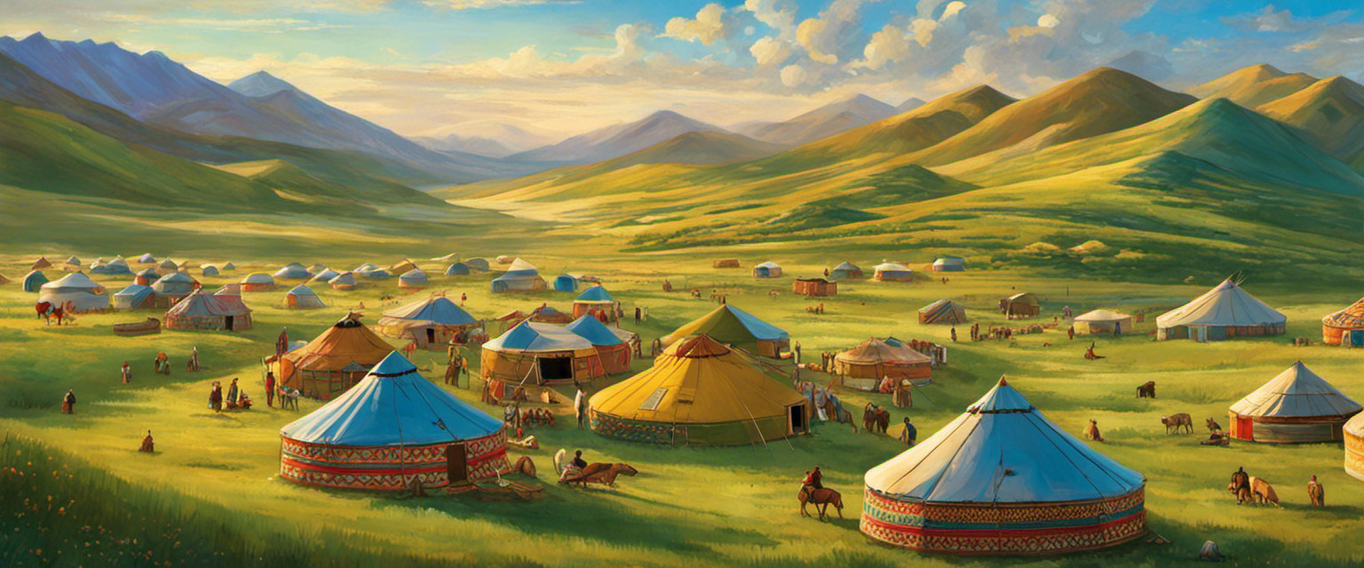 An image showcasing a vast expanse of rolling grasslands, dotted with colorful, intricately designed yurts
