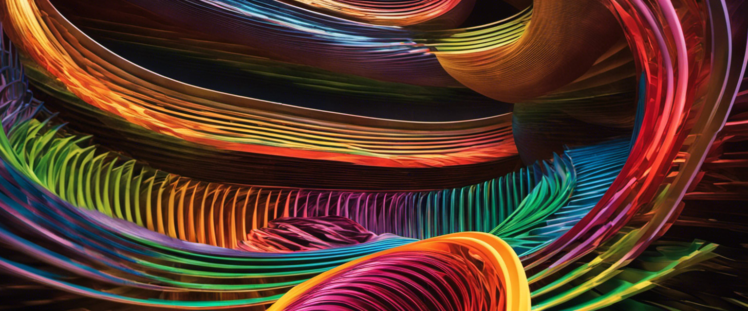 An image showcasing a vibrant, multi-colored slinky defying gravity as it elegantly spirals through mid-air, effortlessly executing intricate tricks like the "Slinky Tower" and the mesmerizing "Slinky Staircase