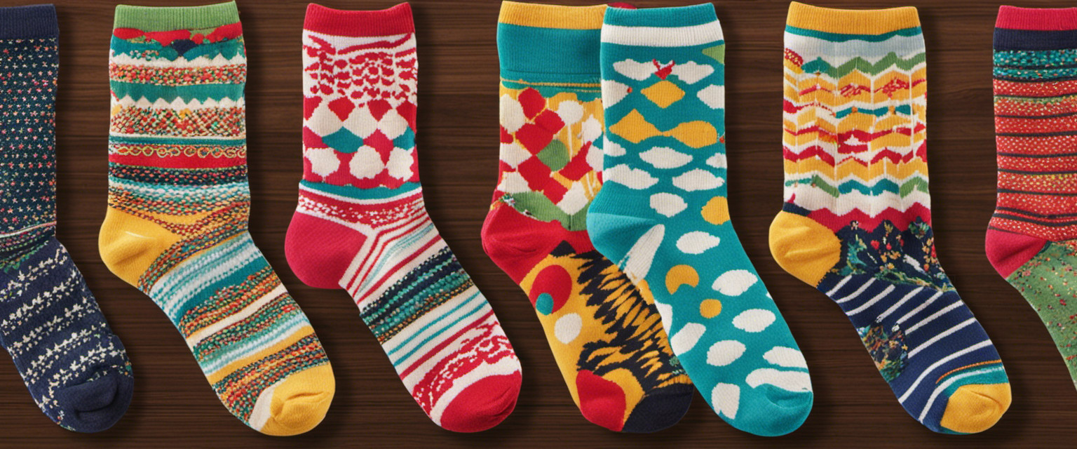 An image showcasing a whimsical collection of socks with intricate patterns, ranging from polka dots to zigzags, incorporating playful colors and unconventional designs