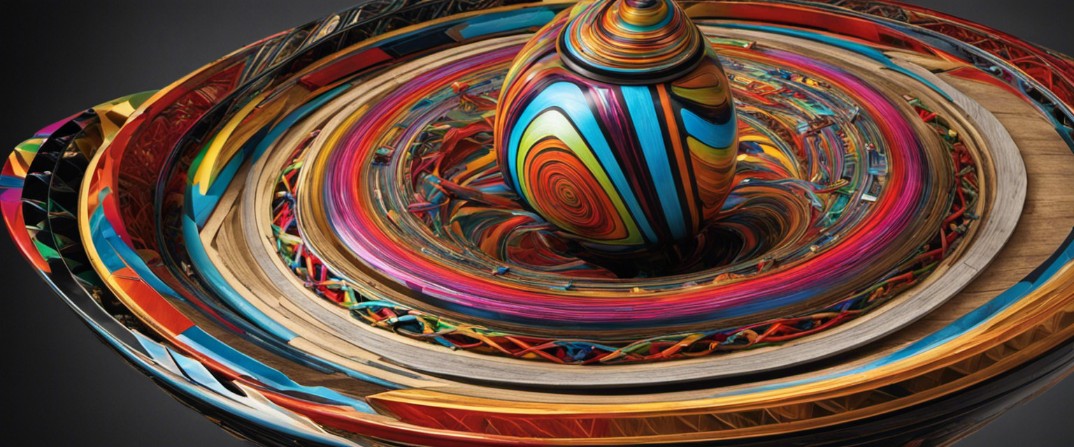 An image featuring a vibrant, multicolored spinning top at the center, surrounded by intricate, intertwining arrows representing the complex forces of angular momentum, precession, and gyroscopic stability
