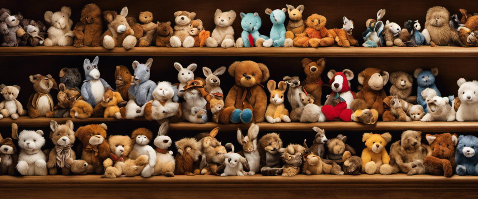 An image featuring a colorful assortment of stuffed animal collectibles, piled haphazardly on a dusty shelf
