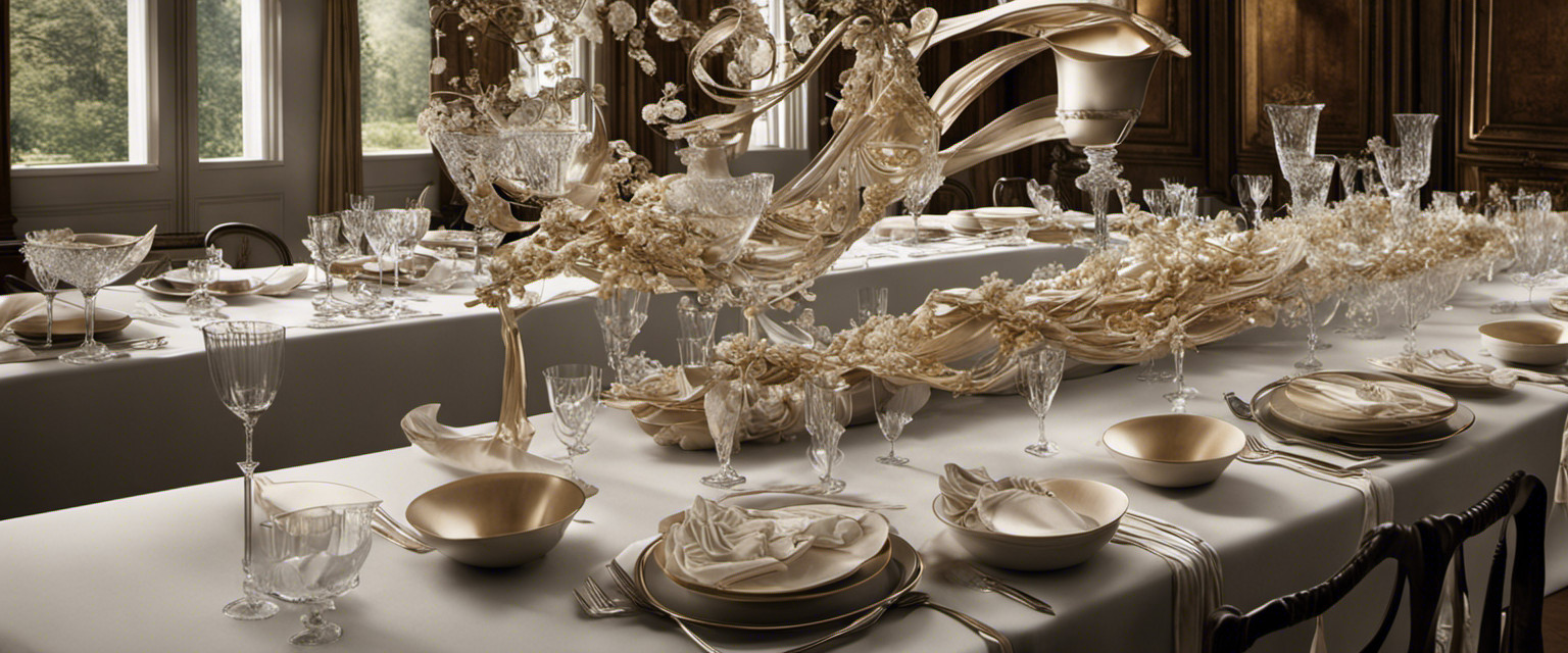 An image that captures the whimsical chaos of tablecloth pulling, showcasing an overturned table with scattered cutlery, half-filled goblets, and a tablecloth suspended in mid-air, frozen in an elegant swoosh