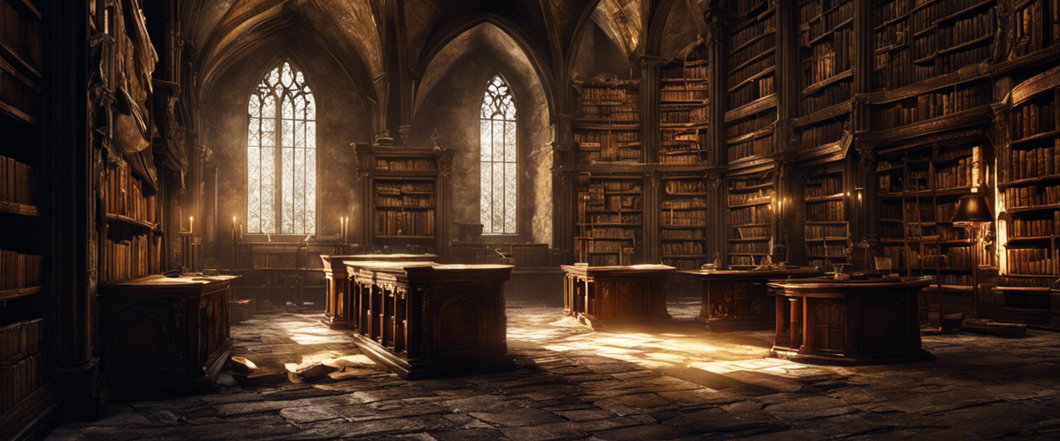 An image showcasing a dilapidated medieval library, filled with dust-covered tomes, each depicting a different legendary knight's quest