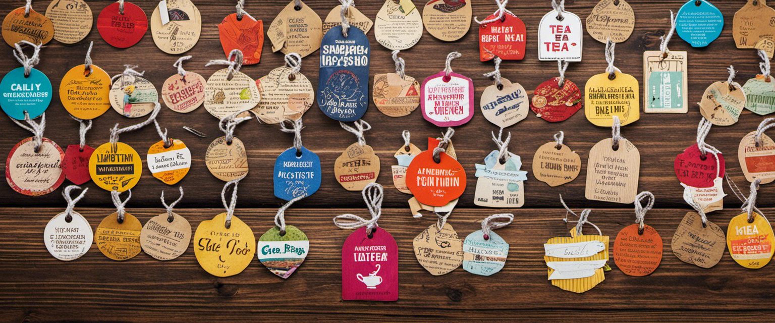 An image featuring a collage of colorful tea bag tags scattered on a wooden table, showcasing a variety of quirky quotes