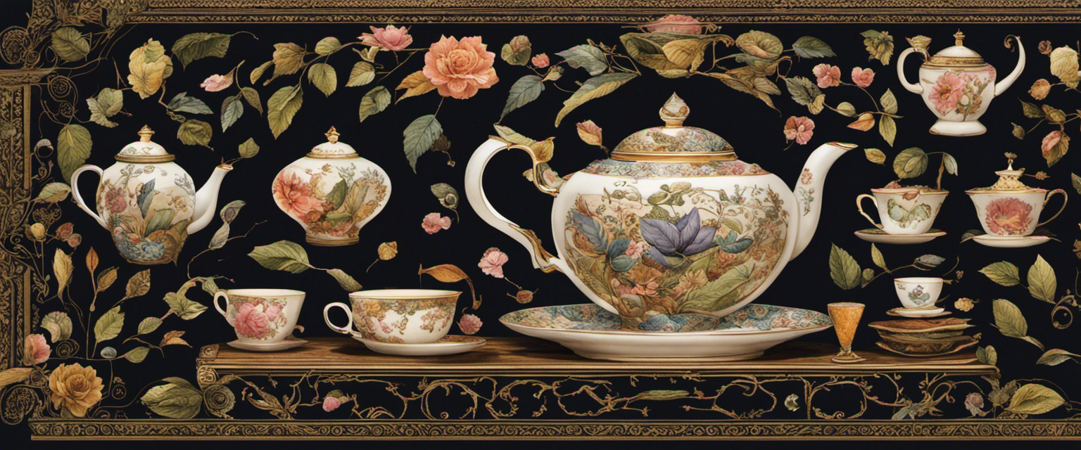 An image that captures the intricate art of tea leaf reading, featuring a delicate porcelain teacup filled with vibrant, scattered tea leaves, surrounded by mystical symbols, ancient teapots, and whimsical interpretations
