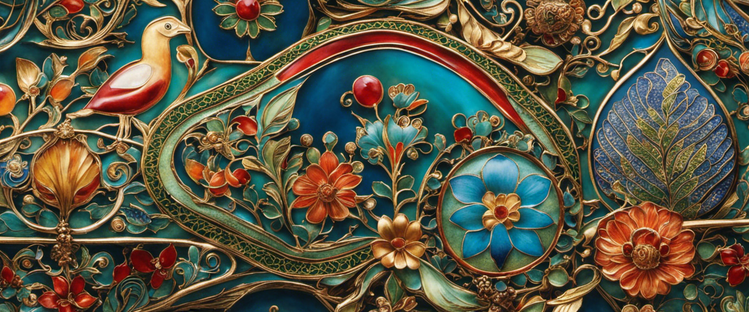 An image showcasing a delicate, intricate ancient enamel masterpiece adorned with vibrant hues, intricate patterns, and shimmering textures, inviting readers to explore the captivating world of ancient enameling's symbolic significance and forgotten techniques
