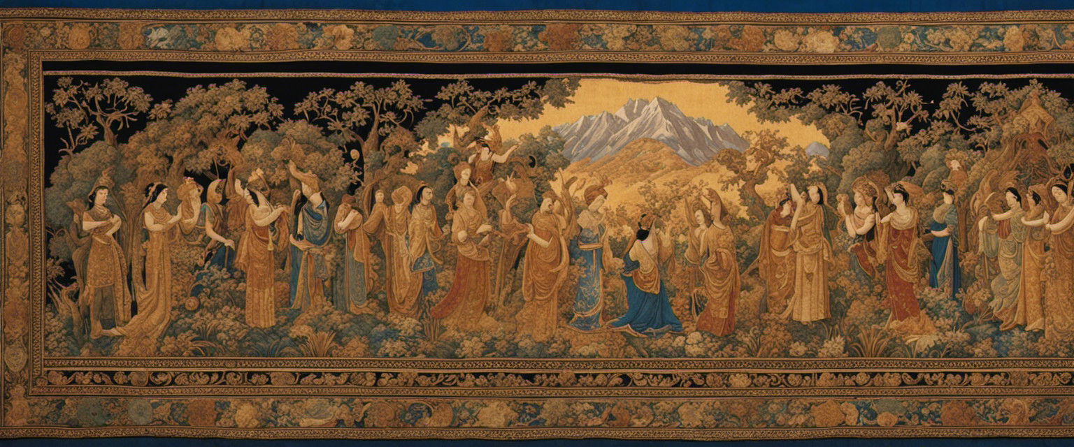 An image capturing the intricate details of a weathered, golden-hued tapestry, showcasing a mythical scene of gods and goddesses, their stories woven into every thread, inviting viewers to ponder the enigmatic allure of ancient tapestry art