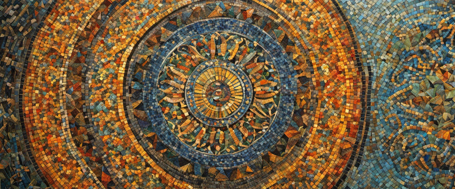 An image showcasing an intricate ancient mosaic, depicting vibrant colors and intricate patterns