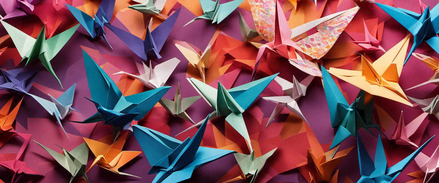 An image of a delicate origami crane, its wings intricately folded and poised mid-flight, against a backdrop of vibrant, abstract patterns symbolizing the fusion of art and symbolism in the captivating world of origami