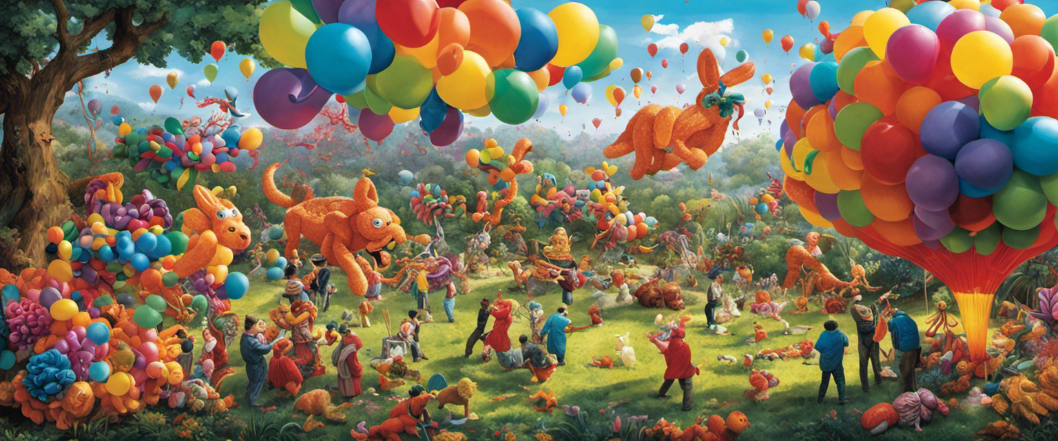 An image featuring a vibrant, chaotic scene of a balloon artist surrounded by an array of intricate balloon animals, their hands skillfully twisting and shaping the latex into whimsical creatures, exuding a sense of useless knowledge
