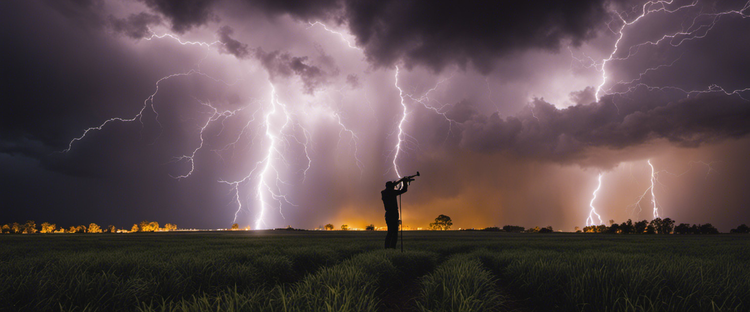 An image showcasing a stormy sky, silhouetting a photographer with an extended tripod capturing the intricate dance of lightning bolts, freezing the ephemeral beauty of electric tendrils against the dark backdrop