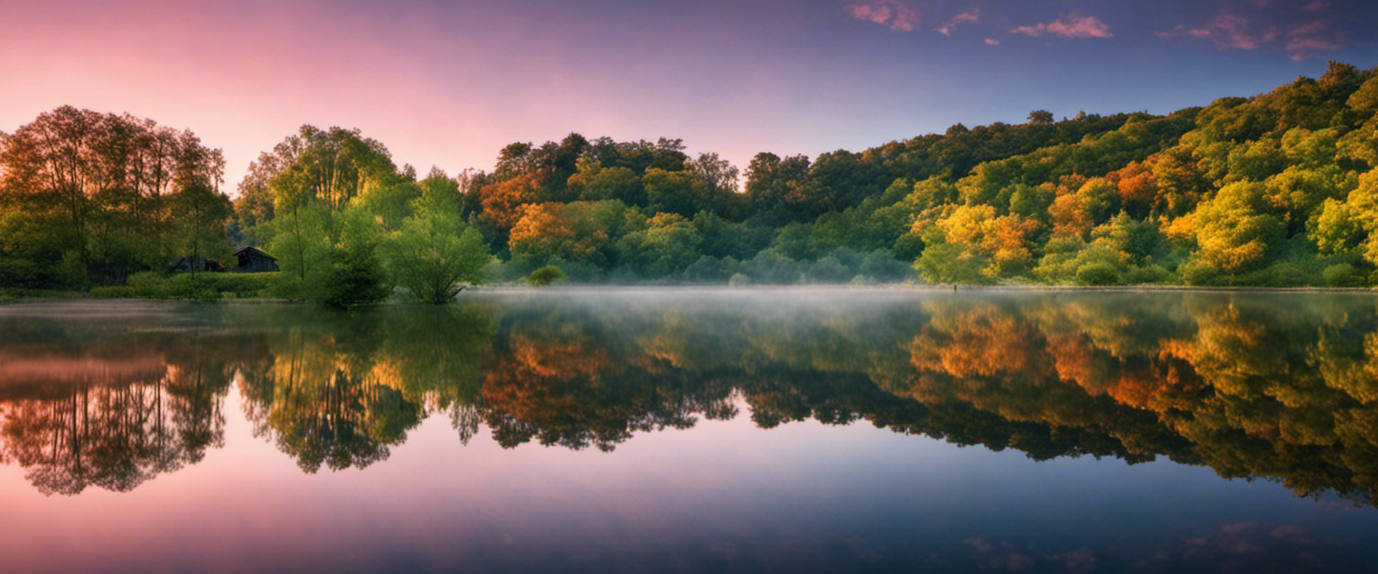 An image showcasing a serene lake at dawn, its glass-like surface mirroring a vibrant sunrise