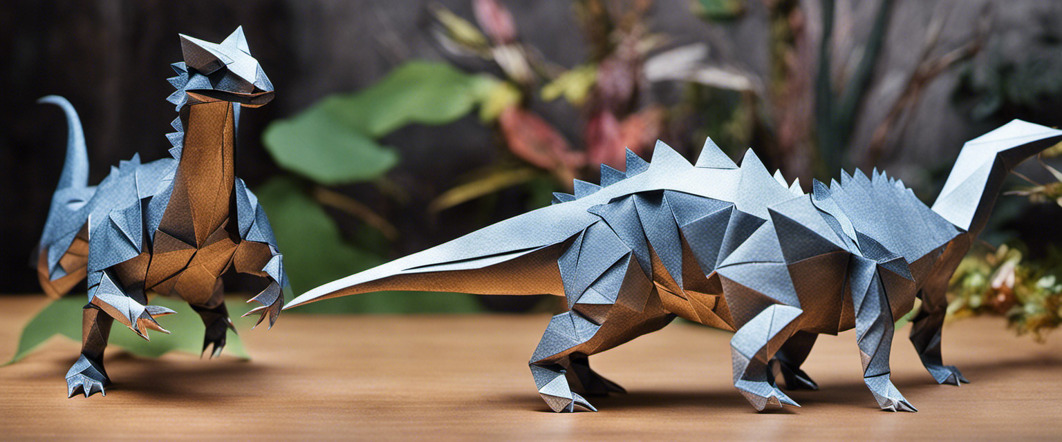 An image showcasing an intricately folded origami dinosaur, its delicate paper scales vividly reflecting the sunlight, while a craftsman's skilled hands delicately manipulate the intricate folds, revealing the artistry behind useless yet captivating knowledge