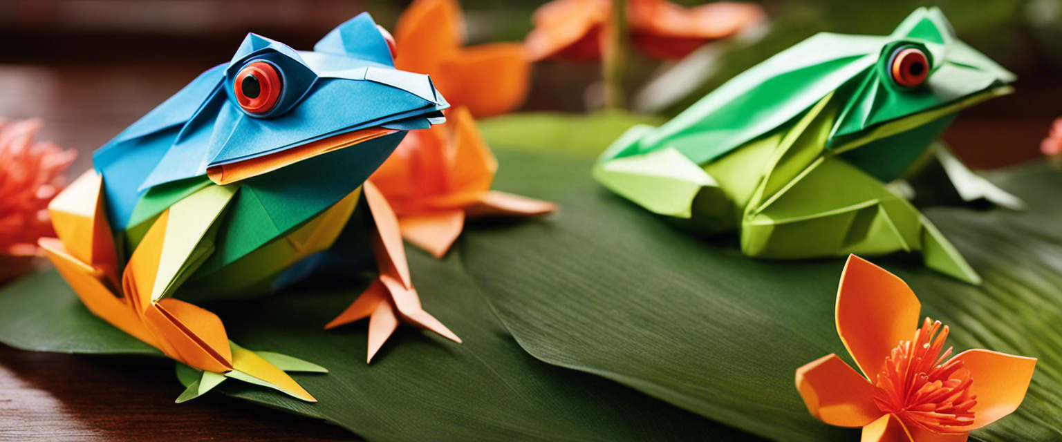 An image featuring a close-up shot of a pair of skillfully crafted origami frogs, their vibrant colors and intricate folds showcased against a backdrop of a serene Japanese garden