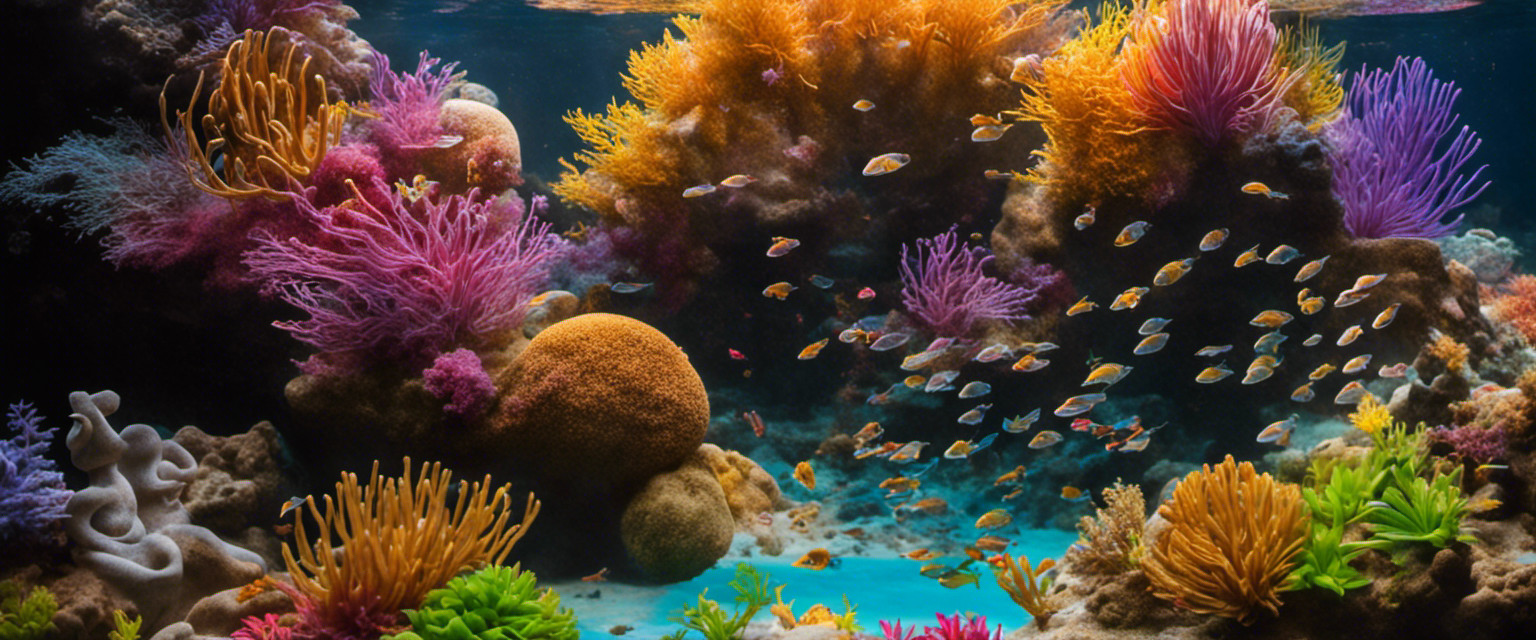 An image capturing the delicate dance of colorful sand particles suspended in clear water, as skilled hands meticulously shape intricate underwater sculptures