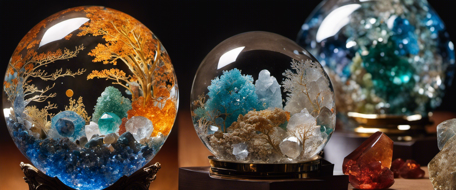 An image showcasing an intricately-carved crystal ball, reflecting refracted sunlight onto a meticulously arranged assortment of raw gemstones, quartz points, and mineral fragments, forming a mesmerizing tapestry of useless yet fascinating knowledge