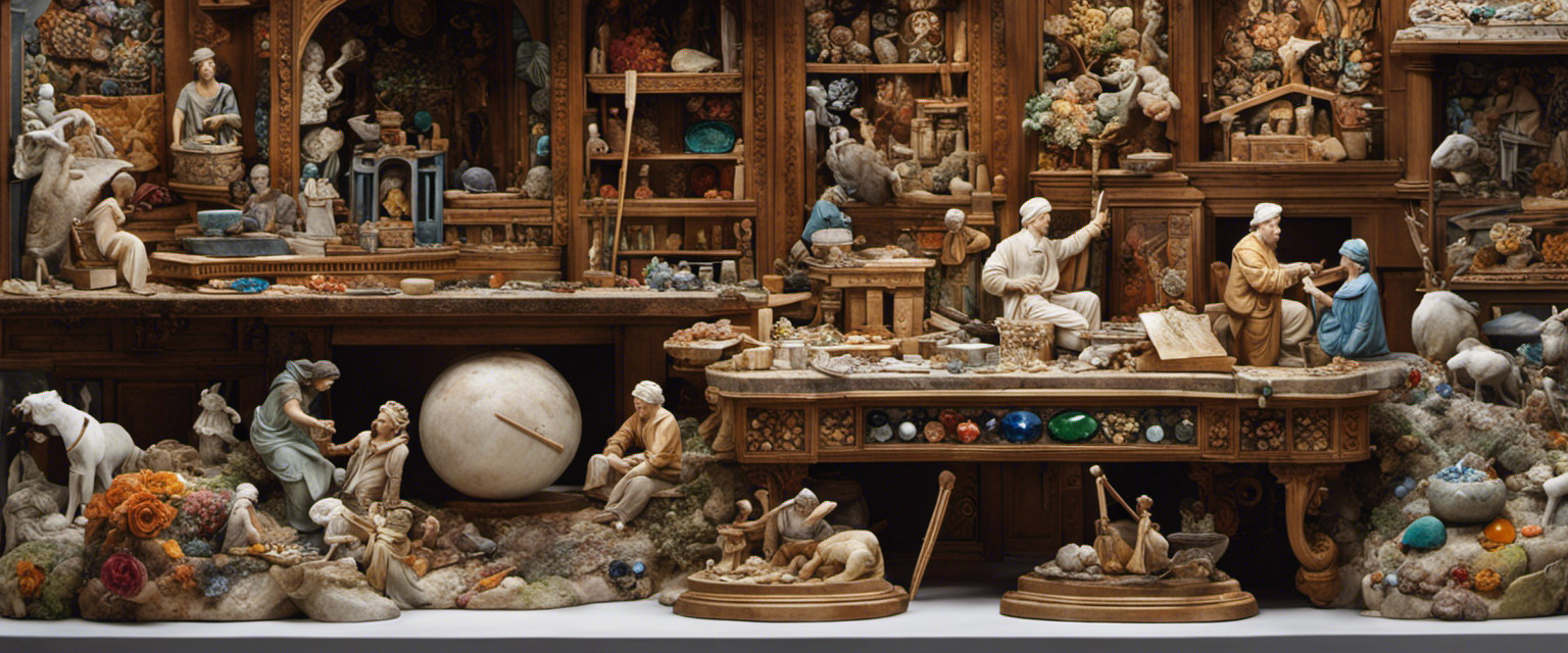 An image showcasing an intricately carved marble sculpture, surrounded by a cluttered workbench adorned with chisels, hammers, and various colorful gemstones, highlighting the beauty and craftsmanship of working with natural stones