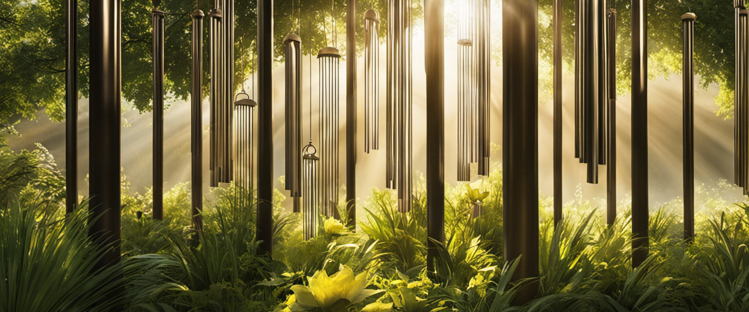 An image capturing the ephemeral beauty of wind chimes, with rays of sunlight filtering through delicate metal tubes, casting mesmerizing shadows on a tranquil garden backdrop
