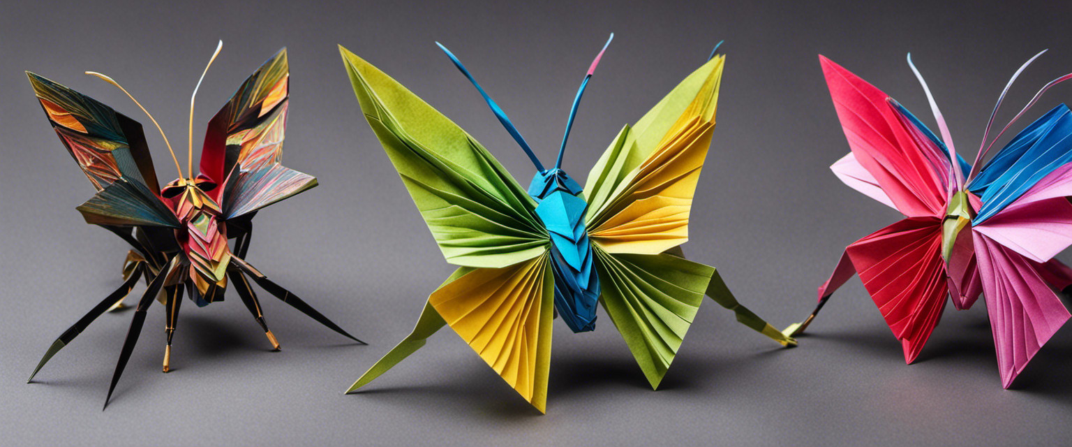An image showcasing an intricately folded origami insect, with vibrant hues and delicate creases