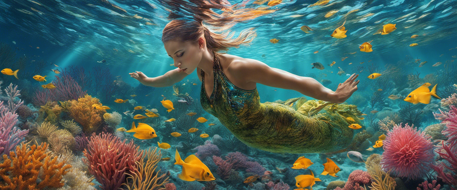 An image showcasing the mesmerizing scene of an artist submerged in crystal-clear water, delicately sculpting vibrant sand patterns with graceful hand movements, as colorful underwater flora and fauna surround them