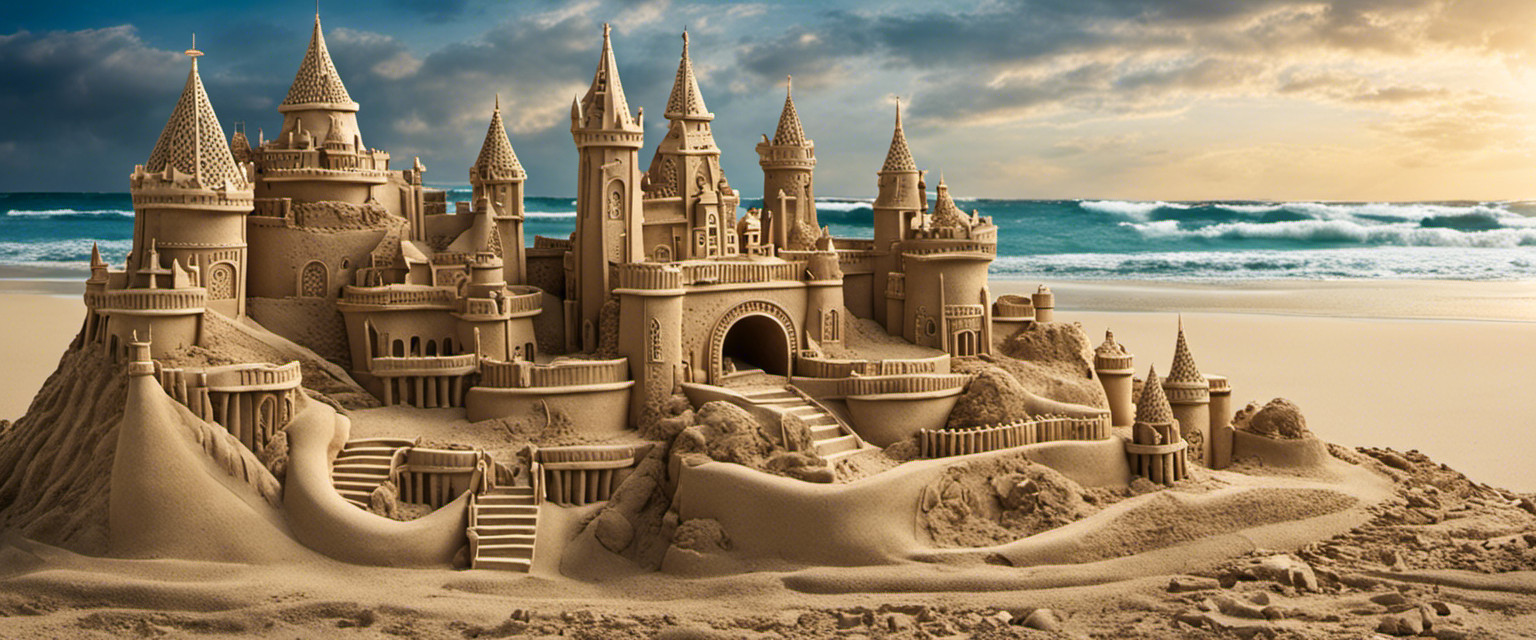 An image showcasing a whimsical sand sculpture of a colossal sandcastle, embellished with intricate turrets, delicate seashell mosaics, and a cascading waterfall, embodying the essence of useless knowledge in the art of sand sculpting