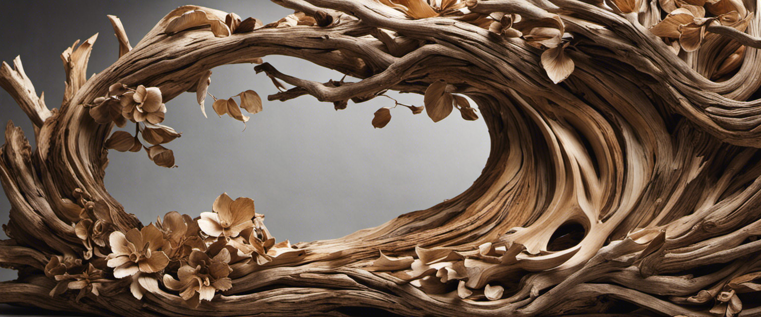 An image that captures the essence of sculpting driftwood: a skilled artist's hands delicately shaping weathered branches, the mesmerizing dance of wood shavings swirling in the air, and the final masterpiece emerging from nature's discarded treasures