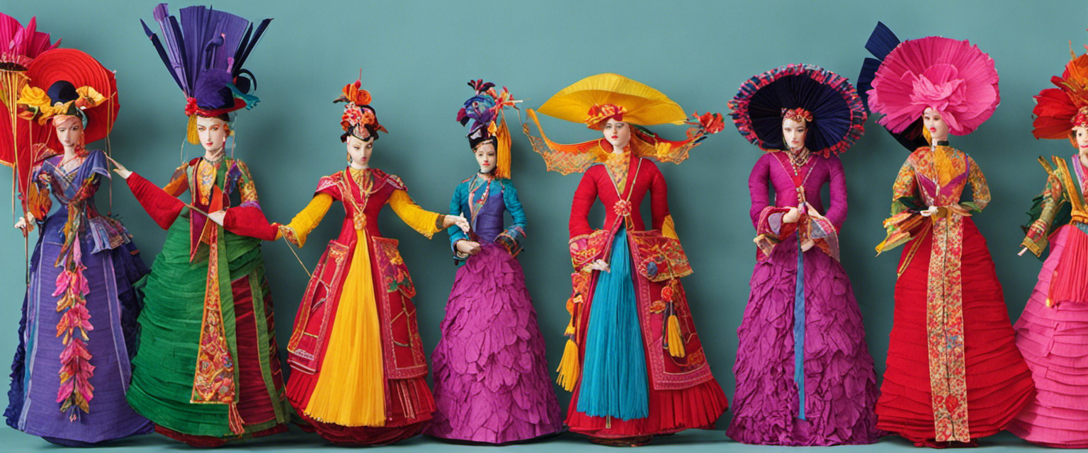 An image featuring an array of intricately crafted crepe paper puppets, suspended on strings, in various poses and vibrant colors