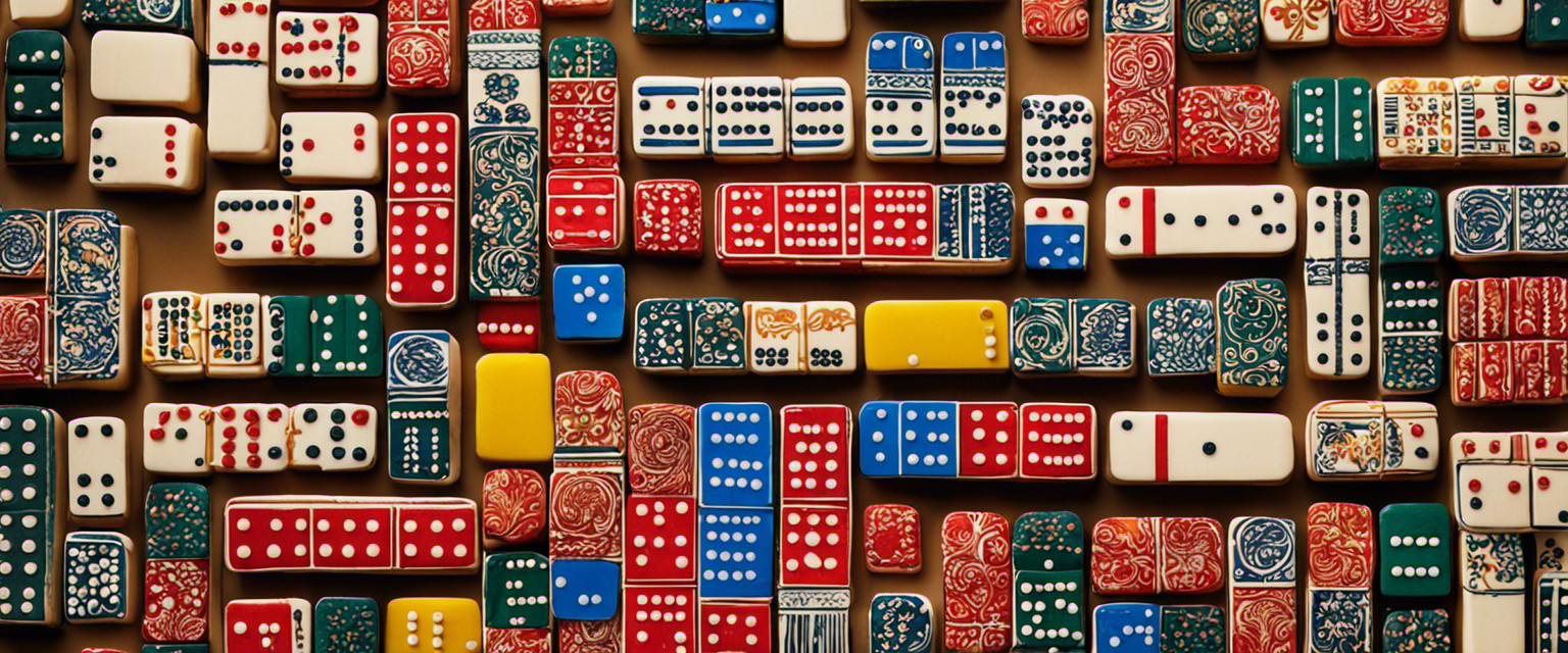 An image showcasing an intricate domino arrangement, with meticulously balanced patterns, vibrant colors, and various shapes, capturing the essence of useless knowledge about the art of domino arranging for a captivating blog post