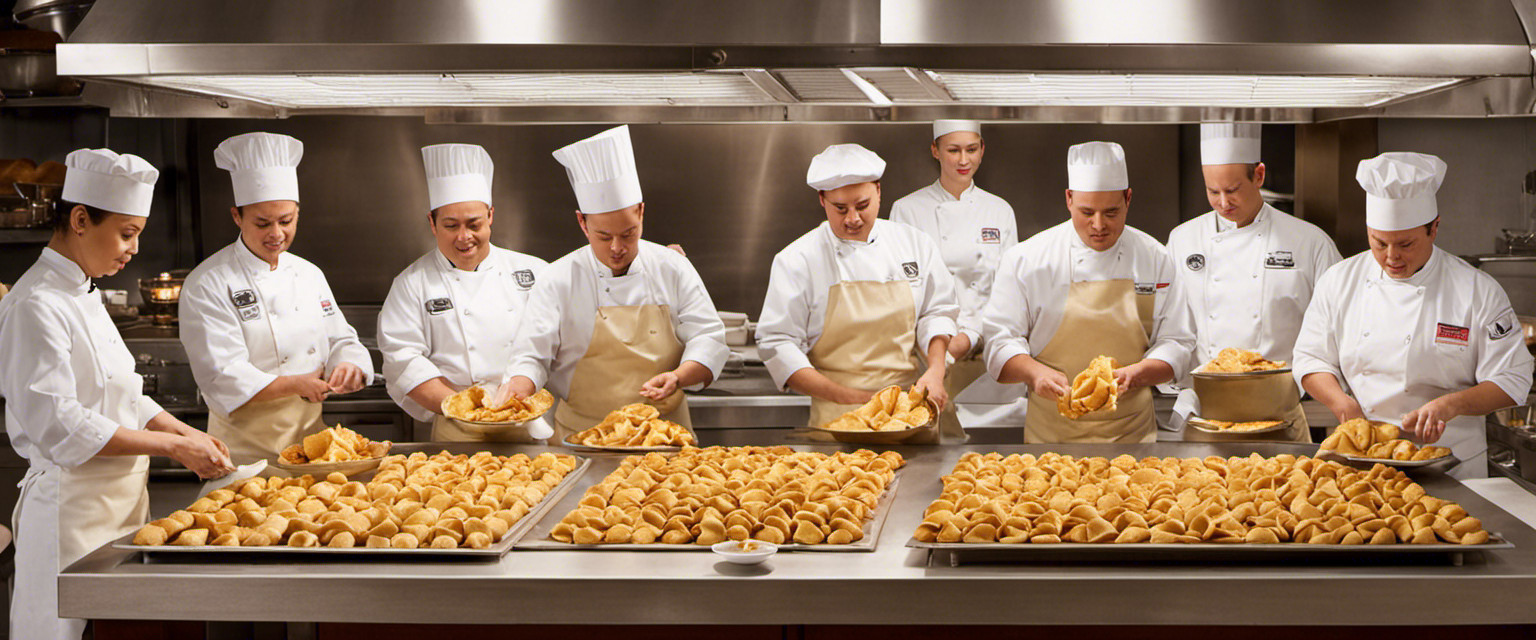 An image capturing the vibrant chaos of a fortune cookie baking competition; chefs meticulously folding golden dough, trays of fortune-filled treats cascading, while judges evaluate precise crackling sounds and perfect cookie shapes